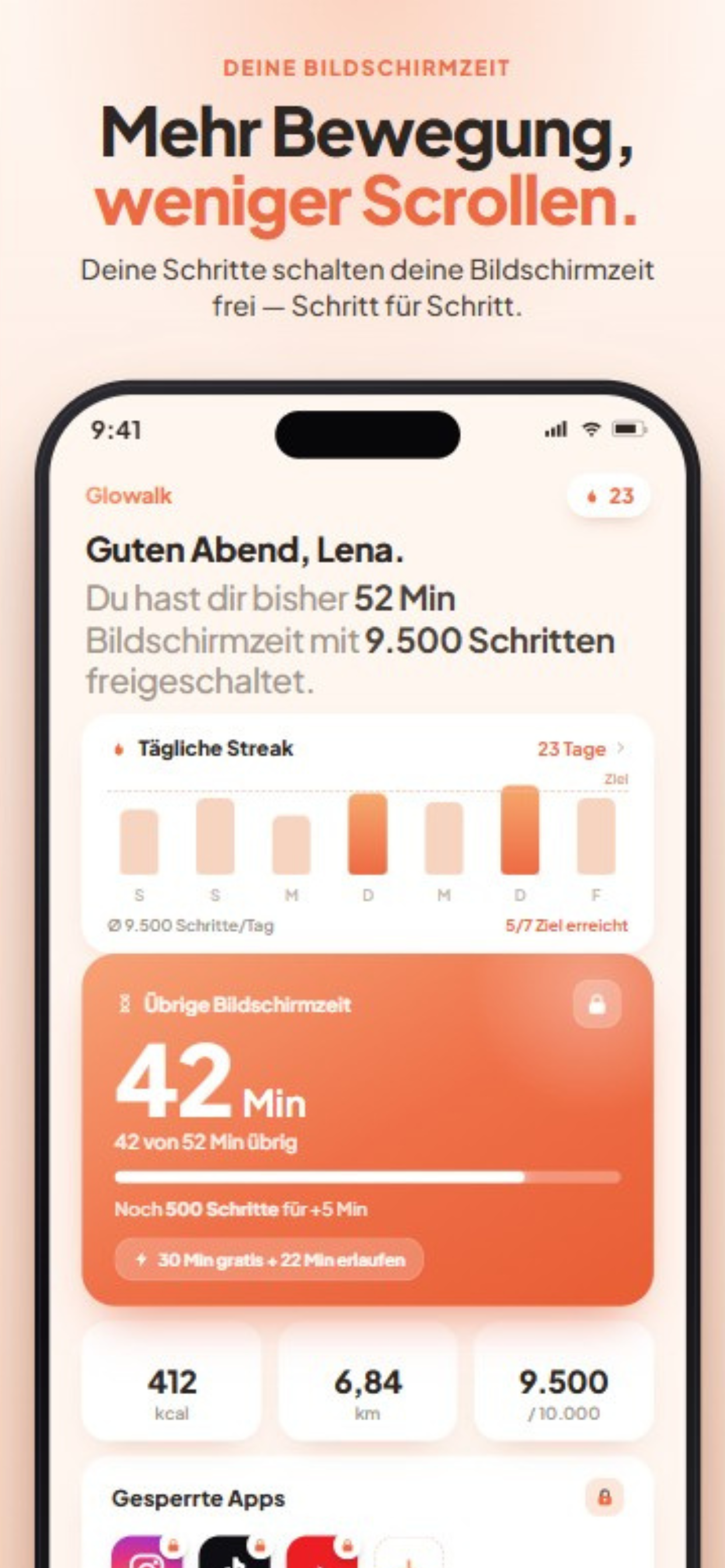 Glowalk: Täglicher Überblick mit Schritten und freigeschalteter Bildschirmzeit