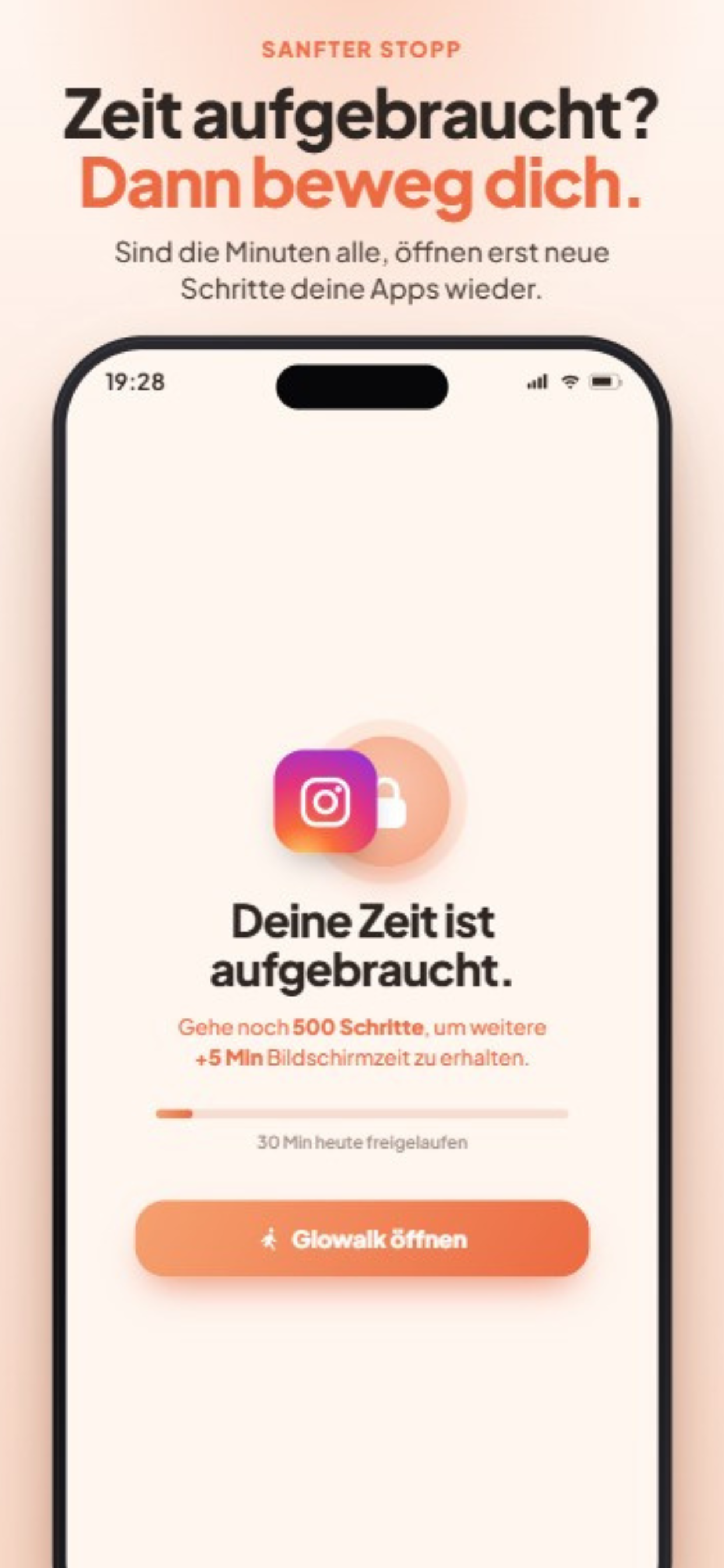 Glowalk: Sanfter Stopp – geh Schritte um Apps wieder zu öffnen